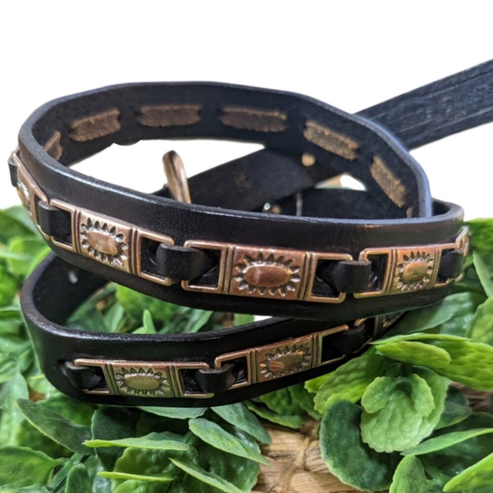 Vintage Fossil Western Black Leather & Silver Metal Retro Boho Sun Charm Belt